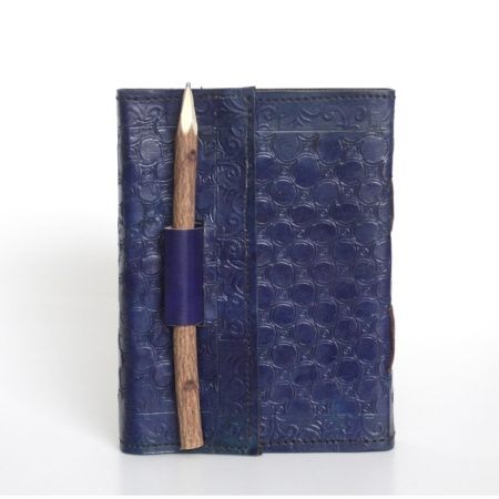Notizbuch, Ledereinband blau - mit Holzstift